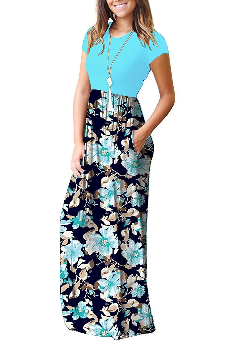 AUSELILY Women's Short Sleeve Loose Plain Casual Long Maxi Dresses for Women 2026 Light Blue S - Image 3